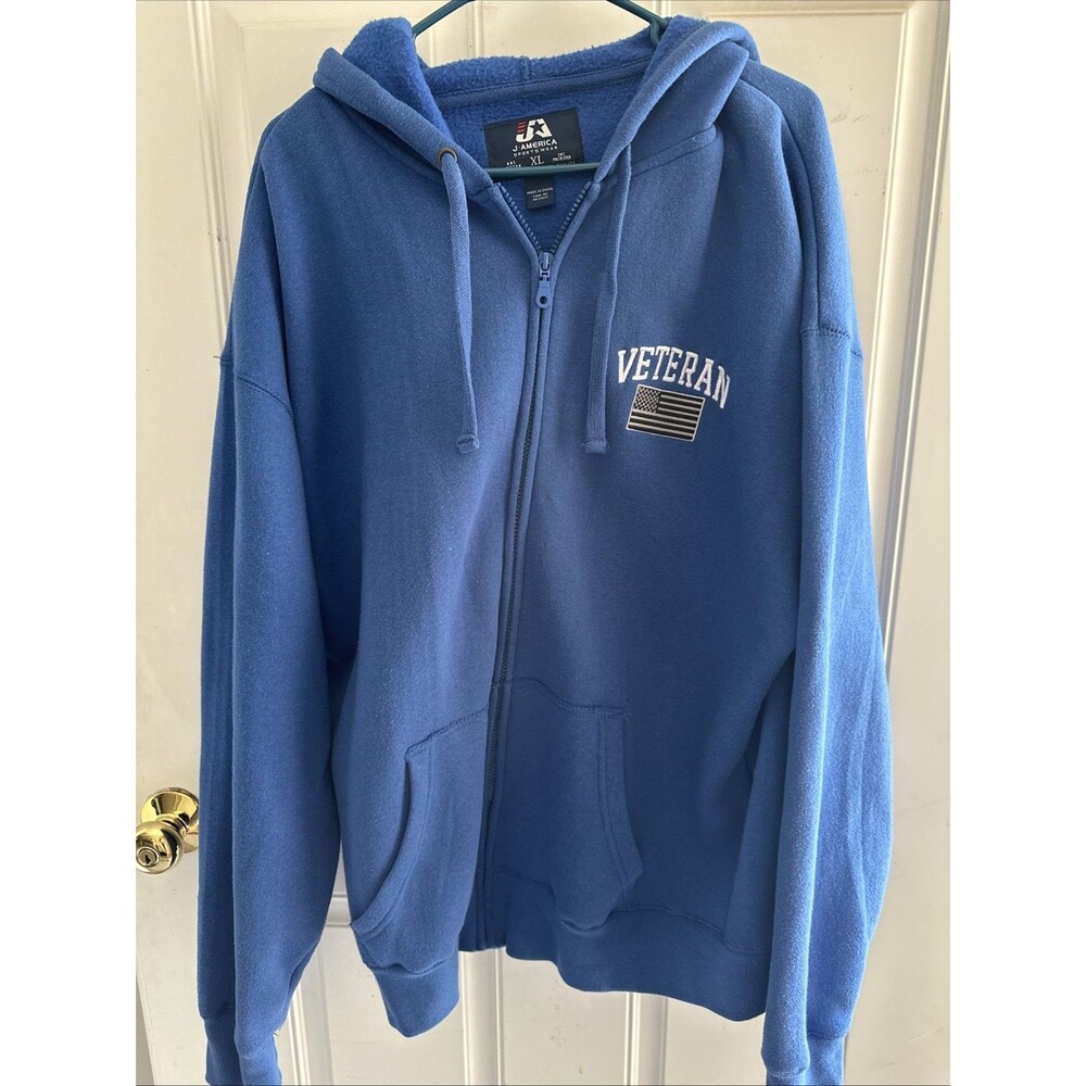 NEW USA  Veteran American Flag LS Full Zip blue Hoodie Very Warm Men's XL